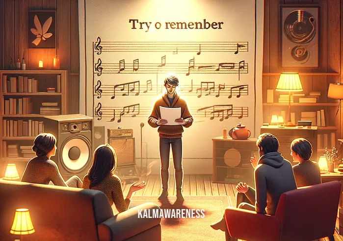 who wrote try to remember _ An individual presenting a newly written song to a small, attentive group in a cozy living room. The room is warmly lit, with comfortable furniture and music-themed decorations. The presenter holds the sheet music with pride, suggesting the completion and sharing of a new musical creation, possibly related to the song "Try to Remember".