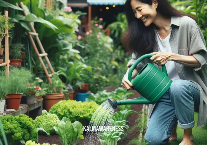 good simple living videos _ In the first image, a person of Asian descent is joyfully tending to a small, lush vegetable garden in their backyard, surrounded by a variety of green plants and colorful vegetables. They are gently watering the plants with a watering can, showcasing a moment of peaceful, sustainable living.