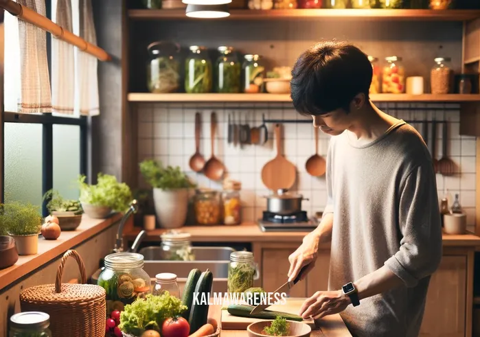 good simple living videos _ In the second image, the same person is now in a cozy, well-lit kitchen, preparing a healthy meal with the vegetables harvested from the garden. The kitchen is simple yet functional, with wooden countertops and shelves filled with jars of home-preserved foods, embodying the essence of self-sufficiency and simple living.