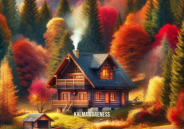 autumn cabin _ A cozy wooden cabin nestled among vibrant autumn foliage, with orange, red, and yellow leaves surrounding it. Smoke gently rises from the chimney, suggesting a warm fire inside. A small, clear lake reflects the colorful trees, and a wooden canoe rests on its shore.