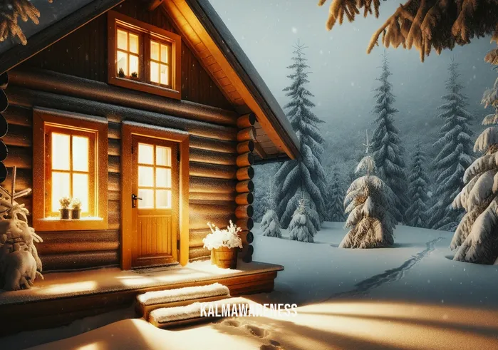 cabin in snowy woods _ A warm, inviting light shines through the windows of the cabin, casting a soft glow on the freshly fallen snow outside. Footprints lead from the cabin