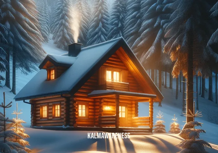 cabin in the winter woods _ A cozy wooden cabin nestled in a snowy forest, with warm light glowing from its windows and a thin trail of smoke rising from its chimney, indicating a warm fire inside. The snow-covered trees and the soft, untouched snow around the cabin create a serene and picturesque winter scene.