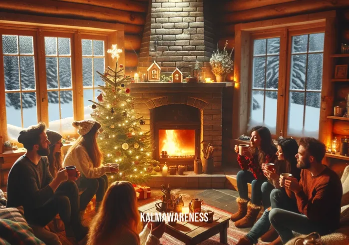 cabin in the woods with snow _ A group of friends gathered inside the cabin, visible through the large window. They are enjoying hot beverages and sharing stories by the fireplace. The room is festively decorated, with a small Christmas tree in the corner, adorned with lights and ornaments. Outside, the snow continues to fall, covering the forest in a peaceful, white blanket.