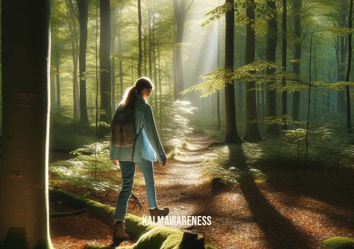 woman walking in the woods _ A woman in a light blue jacket and jeans walks through a sun-dappled forest, a look of peaceful contemplation on her face. Sunlight filters through the lush green canopy above, casting a pattern of light and shadow on the leaf-strewn path ahead. She steps over a small, moss-covered log, her brown hiking boots crunching softly on the forest floor.