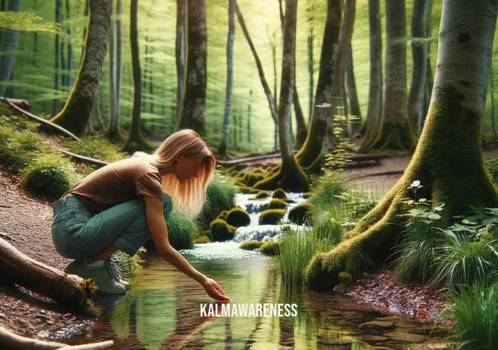 woman walking in the woods _ In the next scene, the same woman pauses beside a gently flowing stream in the woods. She leans down to touch the cool, clear water, reflecting the vibrant greens and browns of the surrounding forest. Around her, birds chirp and the gentle rustle of leaves in the breeze creates a serene, natural symphony.