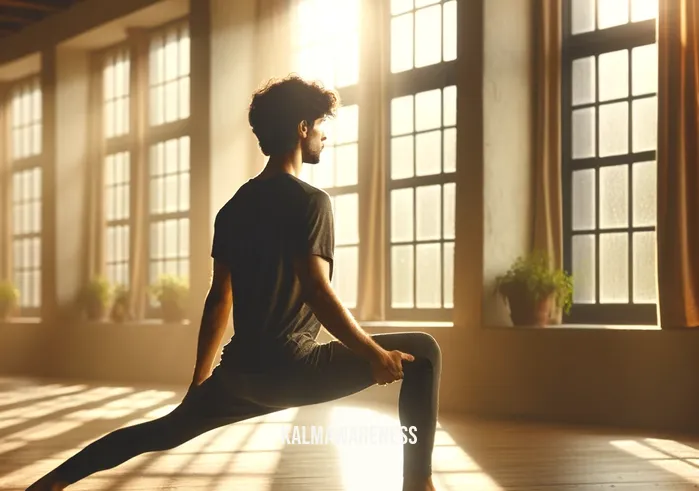 yoga for flexible mind and body _ A person of middle-eastern descent in a serene, sunlit room practicing the Warrior II pose, with extended arms and a focused gaze, symbolizing strength and mental clarity in the journey of yoga for a flexible mind and body.