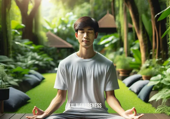 yoga for flexible mind and body _ A person of South Asian descent sitting cross-legged on a yoga mat in a peaceful outdoor setting, surrounded by lush greenery, meditating with eyes closed and hands in a mudra position, representing the culmination of mental and physical flexibility achieved through yoga.