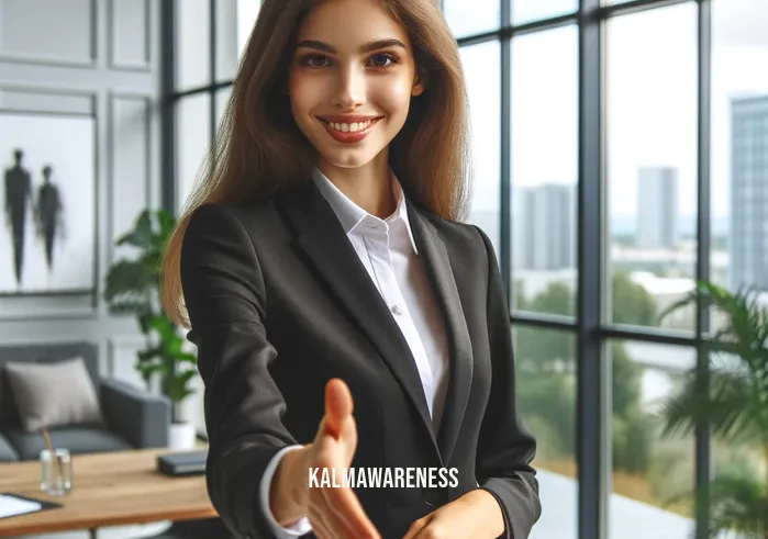 first things first let me get that introduction _ A professional young woman in a business suit extends her hand for a handshake in a modern, bright office setting. She smiles warmly, exuding confidence and friendliness. The office has large windows with a cityscape view, and there are several potted plants and contemporary art pieces decorating the room.