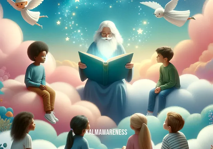 relaxation stories for children _ A gentle, soothing scene depicting a group of diverse children, each sitting comfortably on fluffy clouds in a serene, pastel-colored sky. They are listening intently to a wise, elderly storyteller, a Caucasian man with a long, white beard, who is floating on a larger cloud. The storyteller is animatedly reading from an enchanted, glowing book, captivating the children with tales of magical worlds and gentle adventures, fostering a calm and peaceful atmosphere.