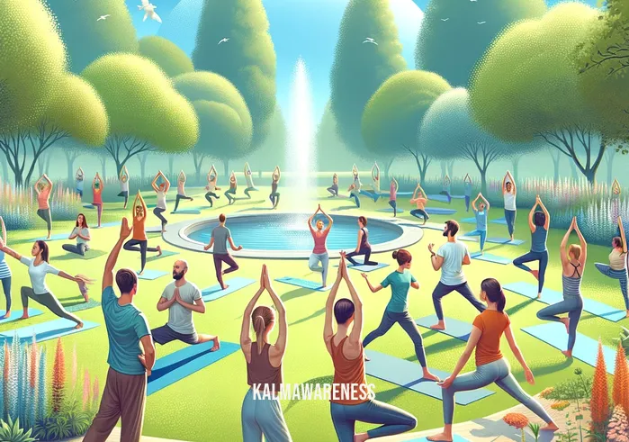 befriend your body _ A digital illustration showing a diverse group of people of various ages, genders, and ethnicities practicing yoga in a tranquil park setting. The image focuses on individuals in comfortable clothing, engaging in different yoga poses under a clear blue sky, surrounded by lush greenery, promoting physical wellness and harmony with nature.A vibrant and heartwarming digital painting depicting a person of indeterminate gender and ethnicity, standing in front of a mirror with a content smile. The person is gently placing their hand on their stomach, exemplifying self-acceptance and body positivity. The background features a softly lit, cozy room, enhancing the theme of self-care and personal peace.