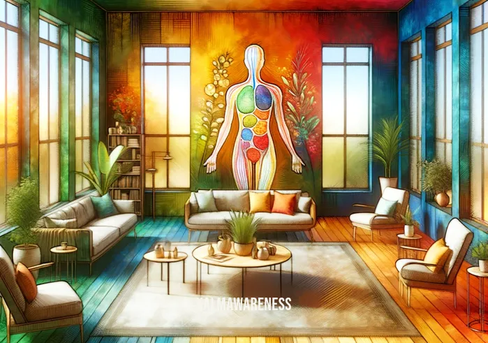 your body is your home _ A warm and inviting living room, metaphorically representing a healthy body. The room is spacious and well-lit, with large windows allowing natural light to flood in. Comfortable furniture is arranged in a welcoming layout, symbolizing a well-cared-for and balanced body. The walls are adorned with colorful, cheerful artwork, reflecting a positive mental state and emotional well-being.