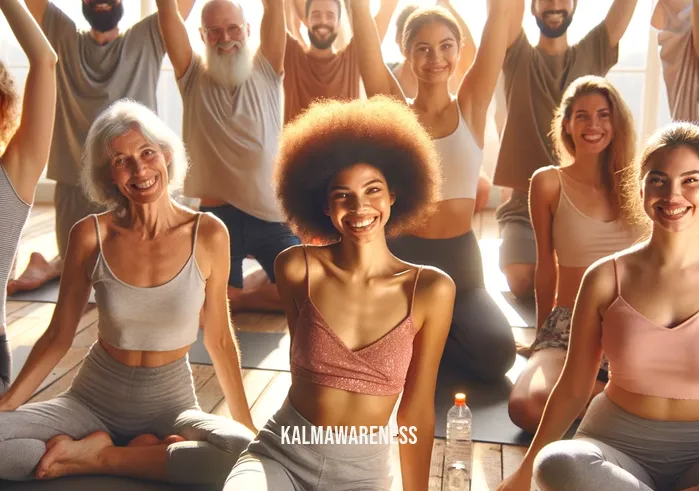 loving your body future _ A diverse group of individuals of various ages, genders, and ethnicities is gathered in a sunlit yoga studio, smiling and stretching in harmony. They are engaged in different yoga poses, each celebrating their unique body types. The atmosphere is uplifting and inclusive, emphasizing self-love and body positivity.A community fair promoting body positivity, with booths offering healthy eating tips, body image counseling, and fitness demonstrations. People of all ages and backgrounds are interacting, learning, and participating in activities. The focus is on embracing and caring for one