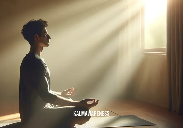 how to feel connected to your body _ A person in a calm, sunlit room, practicing mindful breathing. They are sitting cross-legged on a yoga mat, eyes gently closed, with a serene expression. Sunlight filters through a window, casting a warm glow on the scene. This image encapsulates the first step in connecting with one