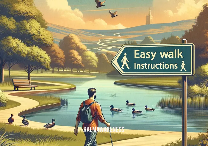 easy walk instructions _ A walker following the "easy walk instructions," shown taking a leisurely stroll on a smooth, winding path in a scenic park. They are maintaining a steady pace, enjoying the surroundings that include a tranquil pond, ducks, and distant rolling hills, demonstrating the relaxing aspect of walking as exercise.