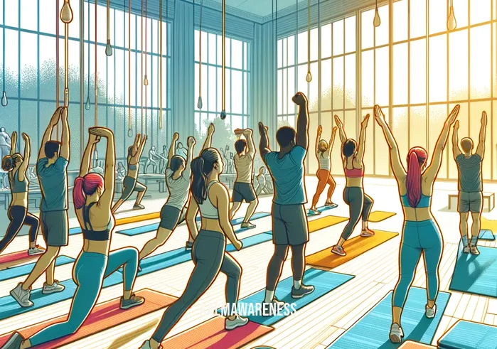 5 minute body _ A digital illustration showing a diverse group of people in a bright, spacious gym, engaging in a warm-up routine. They are smiling and stretching, with some doing toe-touches and others reaching towards the sky, surrounded by colorful exercise mats and resistance bands. The room has large windows, letting in natural light, creating a warm and inviting atmosphere.