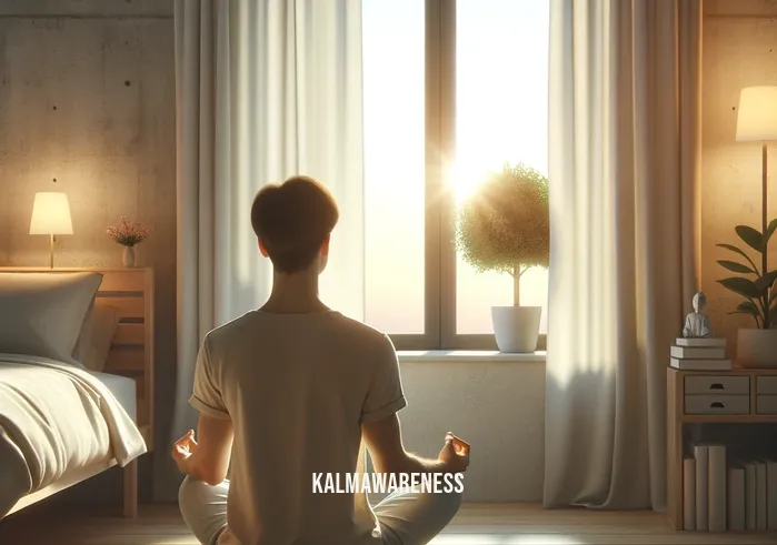 adrenal fatigue meditation _ A serene bedroom setting at dawn with soft morning light filtering through sheer curtains. A person with short brown hair, sitting cross-legged on a yoga mat, is practicing deep breathing exercises. The room is minimally decorated, emphasizing tranquility, with a small potted plant on the windowsill and a few meditation-related books neatly stacked in a corner.