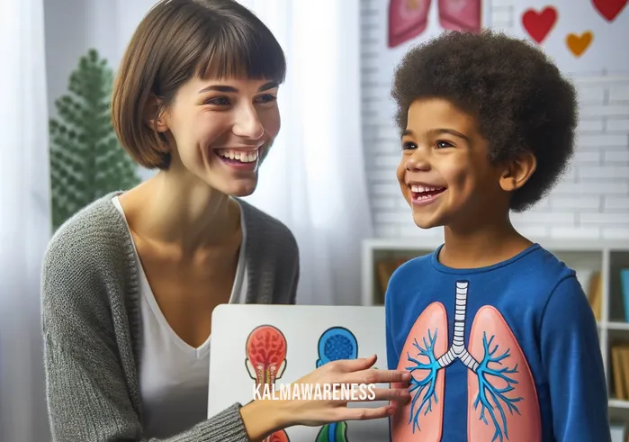 breath support goals for speech therapy _ A speech therapist demonstrating proper breathing techniques to a child. The therapist is using a colorful visual aid to explain how to control breath while speaking. The child, attentive and engaged, practices the exercises with encouragement from the therapist.