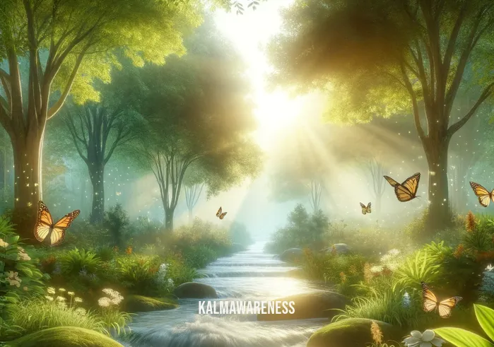 cancer healing visualization guided meditation _ A serene scene depicting the first step of a guided meditation process for cancer healing. The image shows a tranquil garden, with soft morning light filtering through lush green trees. In the center, a gentle stream flows, symbolizing the flow of positive energy. Butterflies flutter around, adding a touch of grace and transformation, embodying hope and renewal.A peaceful setting representing the culmination of a cancer healing visualization meditation. The image illustrates a person, radiating with a soft, warm glow, sitting cross-legged in a lotus position. They are surrounded by a luminous aura, symbolizing healing energy. Above them, the sky is a calm shade of blue with a few wispy clouds, indicating clarity and peace of mind.