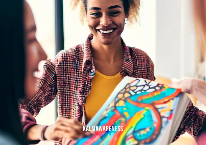 mindful coloring books _ Image: A smiling person sharing their colorful artwork with friends, fostering a sense of connection and joy.Image description: A heartwarming moment as the person shares their art, connecting with others and spreading positivity.