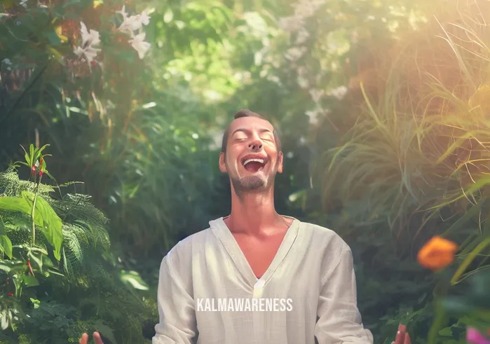 mindful roots _ Image: A smiling individual in a peaceful garden, surrounded by lush greenery and flowers. Image description: Finally, a beaming individual finds serenity in a lush garden, their smile radiating the transformation from chaos to mindful bliss.