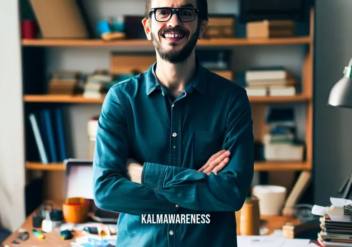 mindful state _ Image: A person smiling, standing in front of an organized and clutter-free workspace.Image description: A content person standing confidently in front of a neat and organized desk, with a beaming smile, and a sense of accomplishment.