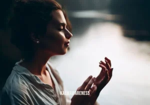 mindful touch _ Image: A contented smile on a person's face as they stand by a calm river, feeling the cool water with their fingertips. Image description: A peaceful moment of mindful touch, finding serenity by the tranquil riverside.