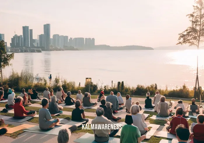 mindful waters _ Image: A community event with people practicing mindfulness by the revitalized waterfront. Image description: A community gathering, where people engage in mindfulness exercises by the pristine waterfront, finding peace and connection with nature.