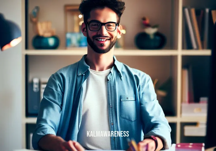 mindfully alive _ Image: A refreshed individual at their tidy, organized desk, smiling as they work with a clear and calm mind.Image description: A refreshed individual at their tidy, organized desk, smiling as they work with a clear and calm mind.