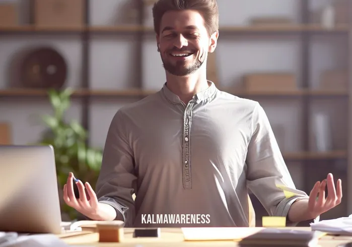 mindfully anderson _ Image: A smiling person, back at their now neatly organized workspace, efficiently managing their tasks, with a clear sense of purpose and balance.Image description: The final image shows the person back at their workspace, transformed by mindfulness. They now approach their tasks with efficiency and a sense of balance, signifying the resolution of the initial problem.