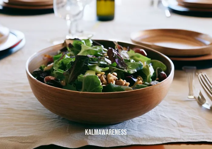 mindfully manage cravings _ Image: A beautifully presented homemade salad on a clean, organized dining table. Image description: Savoring a delicious, wholesome meal as a mindful solution to cravings.