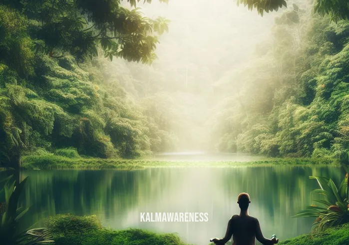 mindfulness as a superpower _ Image: A serene natural landscape with a person meditating by a tranquil lake, surrounded by lush greenery. Image description: A serene natural setting, a person meditating by a tranquil lake, surrounded by lush greenery.