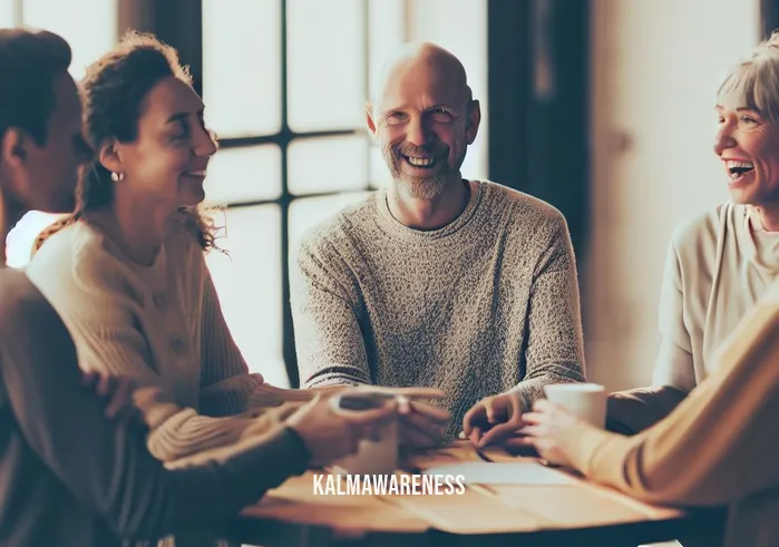 mindfulness discussion questions _ Image: A group of people gathered around a table, sharing smiles and laughter as they discuss mindfulness topics. Image description: They appear connected, with a sense of understanding and resolution in the air.