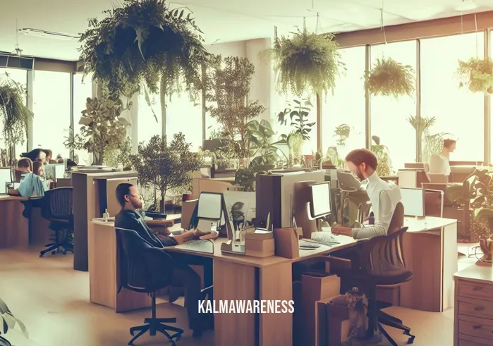 mindfulness in the workplace presentation _ Image: An office transformed with organized desks, plants, and employees working with focus and a sense of calm. Image description: The office space is now neat and organized with employees working mindfully, displaying a peaceful work environment.