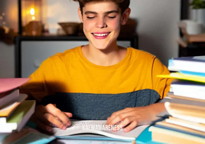 mindfulness journal for teens _ Image: A smiling teenager closing the mindfulness journal, surrounded by neatly organized schoolwork on their desk. Image description: The teenager smiles contentedly as they close the mindfulness journal, now sitting at a tidy desk with neatly organized schoolwork.