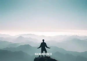 mindfulness meditation pictures _ Image: A clear mountain summit view with a person standing in a meditative pose. Image description: The culmination of mindfulness practice, an individual at the mountain peak, embodying inner peace and clarity.