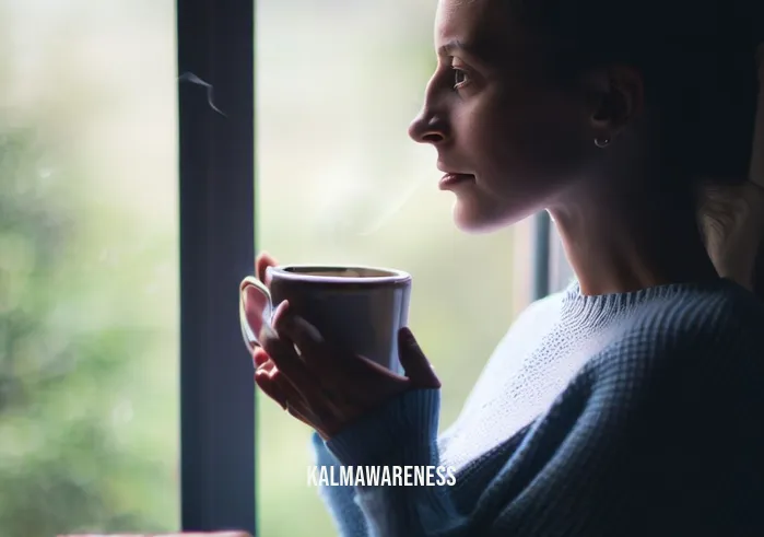 mindfulness story _ Image: A content and relaxed person enjoying a cup of tea by a window, basking in the serenity of the moment.Image description: The person is now content and relaxed, sitting by a window with a cup of tea in hand. They gaze outside, basking in the serenity of the moment. The transformation from stress to tranquility is complete.