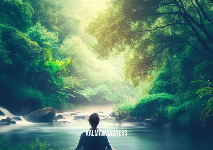 mindfulness superpower _ Image: A peaceful natural landscape with a person meditating beside a serene river, surrounded by lush greenery. Image description: A tranquil nature setting, showcasing the power of mindfulness in finding inner peace amid nature's beauty.