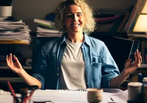 mindfulness themes _ Image: A contented person at their now-organized desk, smiling as they work peacefully and efficiently.Image description: A contented person at their now-organized desk, smiling as they work peacefully and efficiently, having found mindfulness amidst the chaos.