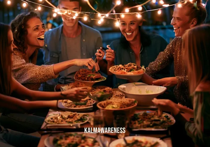 mindfulpleasure _ Image: A group of friends sharing a hearty, homemade meal under twinkling string lights in a cozy backyard.Image description: Connected to loved ones, they celebrate life's simple pleasures, finding mindful joy in the company of friends.