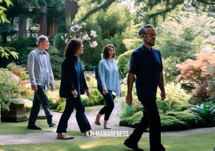 mirabai bush _ Image: Mirabai Bush and employees outside, practicing walking meditation in a peaceful garden. Image description: Mirabai Bush leads employees in a serene garden, practicing walking meditation, embodying the resolution of stress and disconnection through mindfulness in a natural setting.