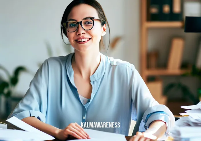 moments of mindfulness _ Image: A refreshed individual at their tidy desk, organizing papers with a calm smile.Image description: A refreshed individual at their tidy desk, organizing papers with a calm smile.