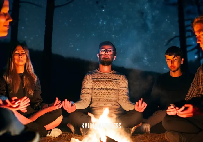 move and meditate _ Image: A group of friends gathered around a campfire in the wilderness, meditating together under the starry night sky, finding a sense of connection and inner peace.Image description: In the wilderness, friends unite around a crackling fire, meditating together. They feel connected to the universe, grounded, and at peace with themselves and each other.
