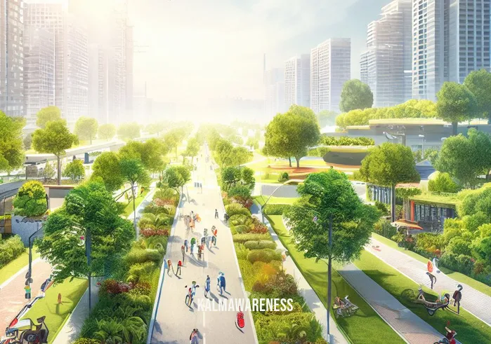 no be _ Image: A panoramic view of a transformed, green cityscape with wide walkways, bike lanes, and vibrant public spaces, showcasing an ideal urban environment.Image description: A utopian urban setting, free from congestion, with happy residents enjoying a high-quality of life amidst nature and modern amenities.
