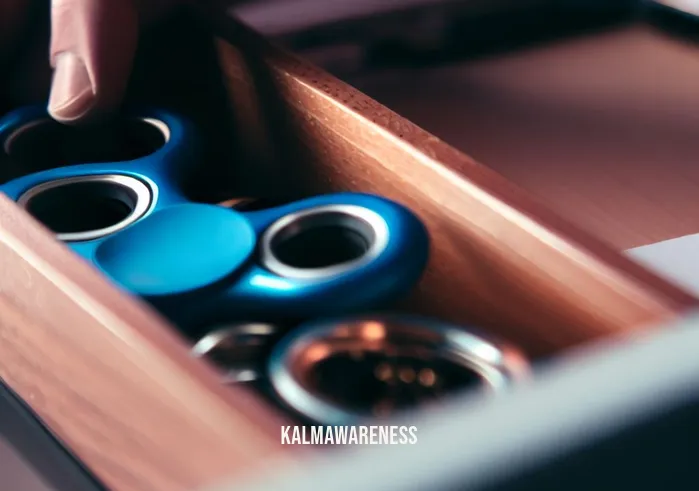 noisy fidget spinner _ Image: A close-up of the now silent fidget spinner, placed in a drawer, as the person enjoys their newfound focus.Image description: The noisy fidget spinner, no longer a distraction, sits quietly inside a drawer while the person enjoys a productive and peaceful workspace.