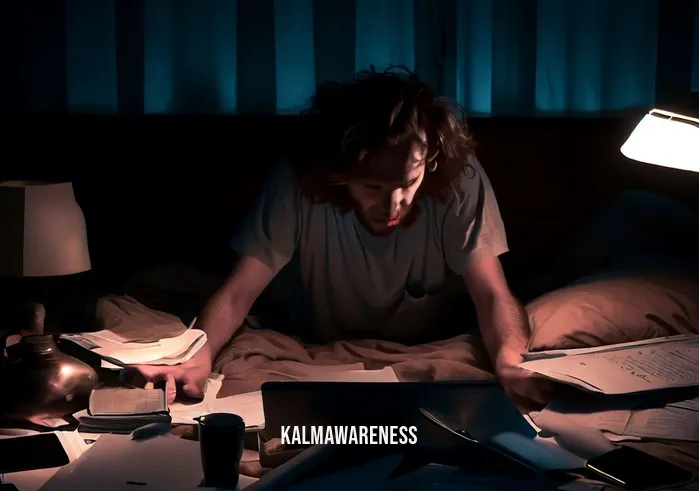 pause is power _ Image: A dimly lit bedroom with a disheveled, sleep-deprived individual surrounded by gadgets and work-related documents.Image description: In the late hours, exhaustion takes its toll, and the person is trapped in a cycle of overwork, unable to find rest.