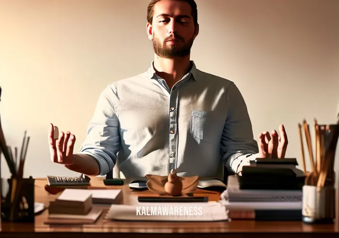 peter strong mindfulness _ Image: An individual confidently and calmly tackling their work at a tidy desk, radiating a sense of balance and focus.Image description: Achieving a harmonious work-life balance through the power of mindfulness.