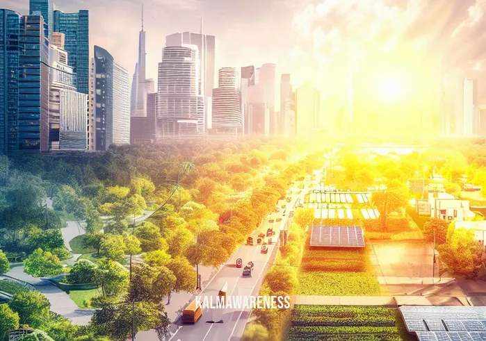 planet mindful magazine _ Image: A vibrant city with clean streets, green spaces, and renewable energy sources. Image description: A transformed urban environment with clean streets, ample greenery, and sustainable energy solutions in place.