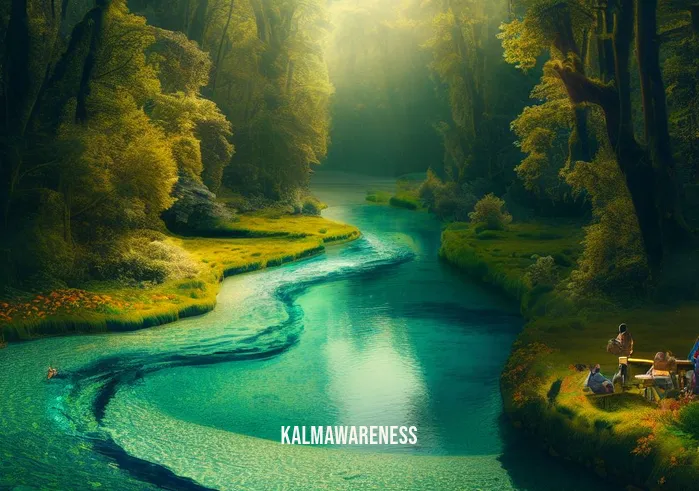 planet mindful _ Image: A crystal-clear river winding through a pristine forest, where wildlife roams freely, and a family enjoys a picnic by the water.Image description: Nature restored to its former glory, showcasing the beauty of a planet mindful of its environment.