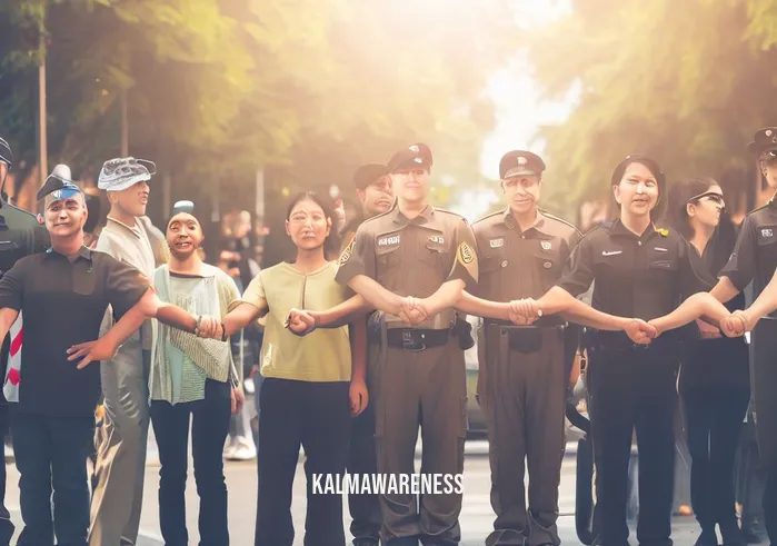 police meditation _ Image: Protesters and police officers, standing together, forming a human chain in unity, with smiles on their faces, symbolizing resolution and harmony.Image description: Protesters and police officers stand together, forming a human chain, their smiles symbolizing a sense of resolution and harmony.