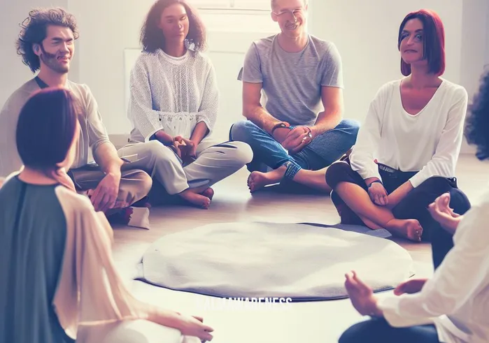 rituals meditation _ Image: The same group of people, now in a circle, sharing positive energy and harmony, having resolved their initial stress.Image description: The same group of people, now sitting in a circle, sharing positive energy and harmony after their meditation session, having resolved their initial stress.